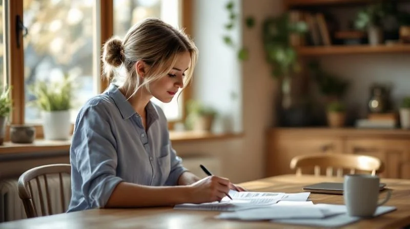 Frau liest Foerderunterlagen am Schreibtisch in einer hellen Wuerzburger Wohnung