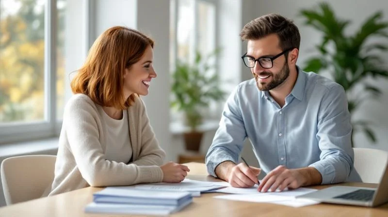 Zwei Personen im Gespraech an einem Tisch mit Unterlagen in einem hellen Buero