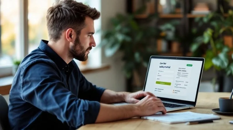 Mann sitzt am Schreibtisch mit Laptop und Notizen in einem hellen Buero in Wuerzburg