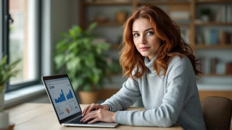 Frau lernt am Laptop in einem hellen Buero in Wuerzburg