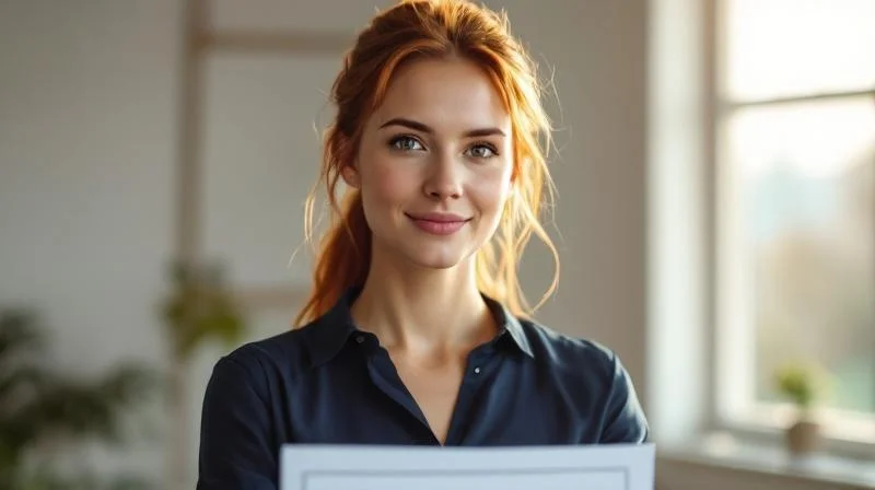 Frau mit IHK-Zeugnis in der Hand laechelt zufrieden in Wuerzburg