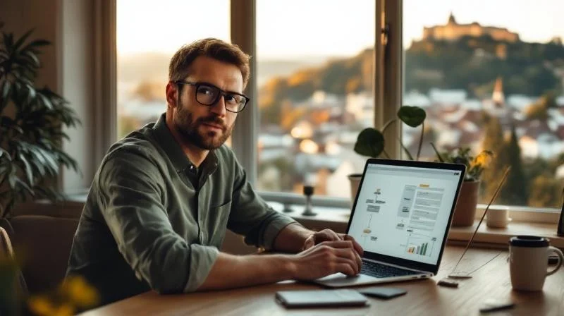 Quereinsteiger im Homeoffice mit Würzburger Festung im Hintergrund und Prozessdiagrammen am Bildschirm
