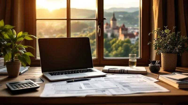 Steuerunterlagen und Laptop am Schreibtisch mit Blick auf Würzburger Festung