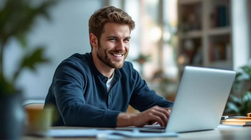 Mann am Laptop in einem hellen Raum lernt fuer seine Umschulung in Wuerzburg