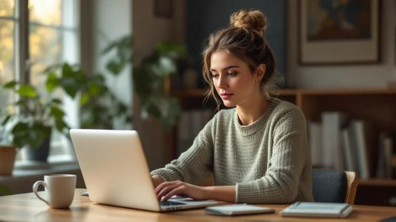 Frau lernt am Laptop in einem hellen Raum mit Blick auf die Würzburger Altstadt