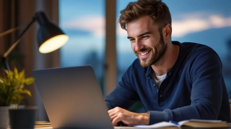 Mann arbeitet konzentriert am Laptop in einem modernen Homeoffice in Wuerzburg